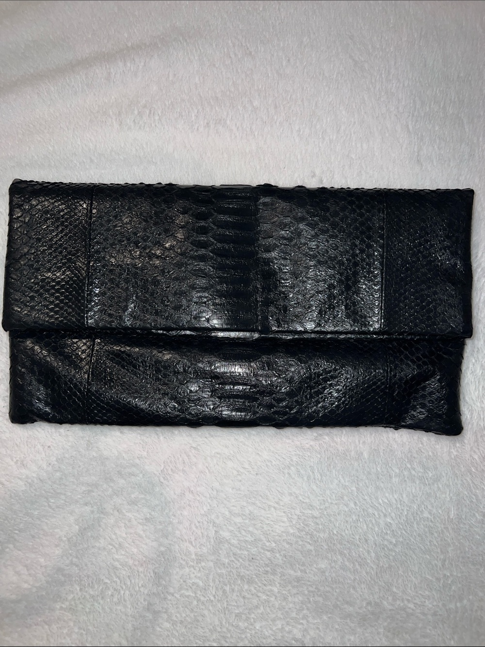 Black Python Skin Foldover Clutch Handbag
